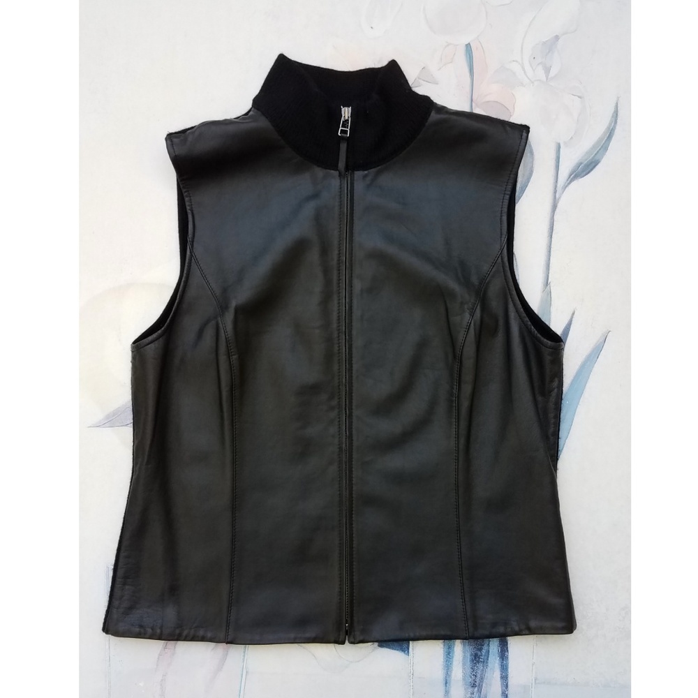Vintage Jones New York Black Leather Mock Neck Zip Sweater Vest Size M  - EUC